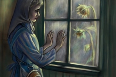Grafika  przedstawia więźniarkę obozu Ravesbruck, wpatrzoną w widok za oknem oraz trzymającą dłonie na szybie. Za oknem 2 słoneczniki