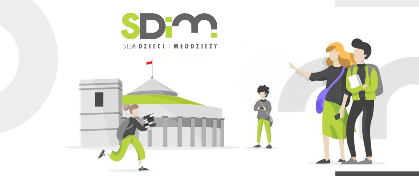 Grafika z budynkiem sejmu, ludźmi i logiem SDiM