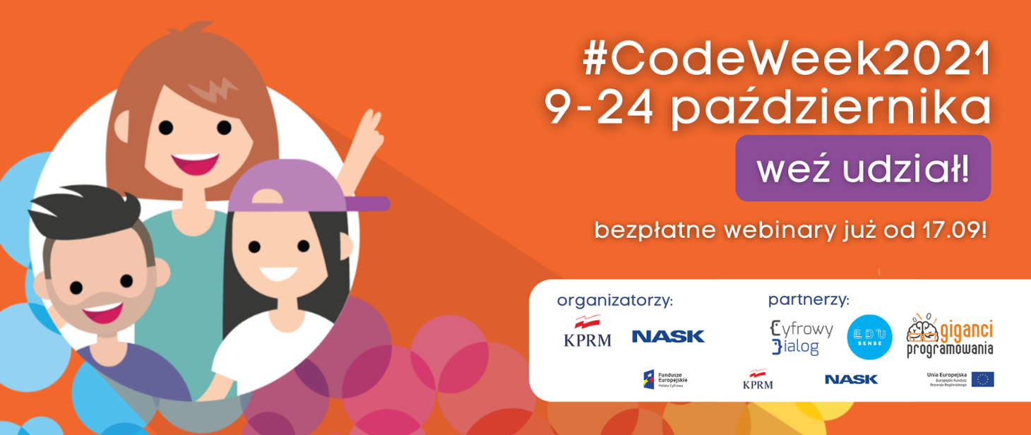 Europejski Tydzień Kodowania CodeWeek – zapraszamy do udziału! Grafika informacyjna na pomarańczowym tle z nazwą wydarzenia i jego terminem oraz loga organizatorów